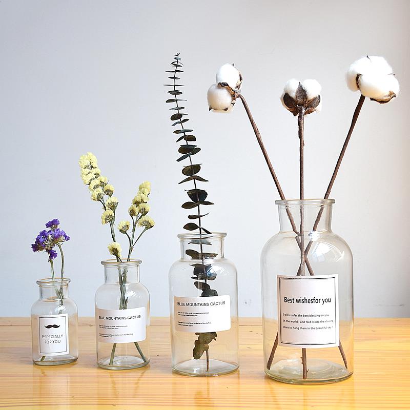 INS透明玻璃花瓶 北欧风简约文艺贴纸玻璃瓶拍照道具水培插花摆件
