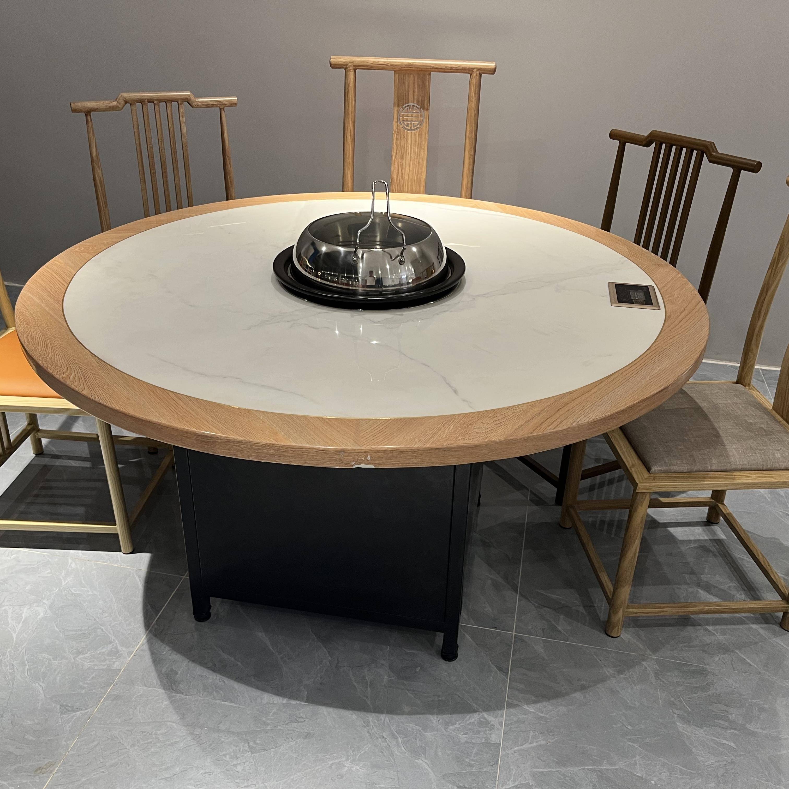 岩板蒸汽海鲜锅桌火锅餐桌商用一人一锅带转盘餐饮餐厅圆桌定制