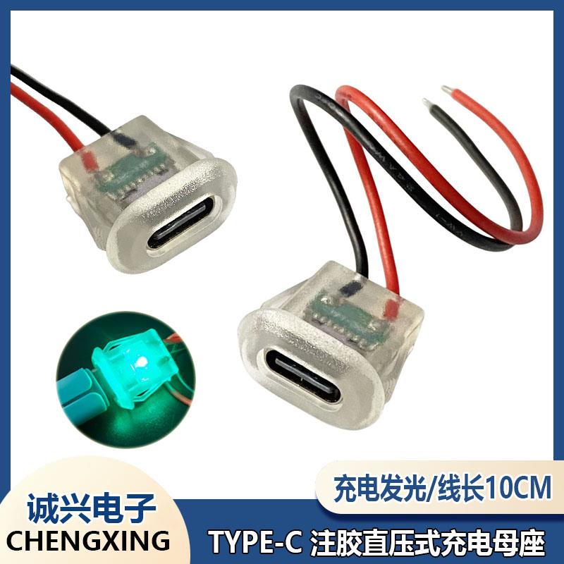 typec2P注胶直压式母座透明带灯台灯椭圆充电口 汽车电动车连接器