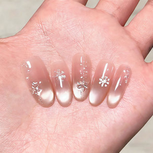 秋冬氛围感雪花猫眼纯工穿戴甲短款高级感裸色美甲中长款指甲贴片