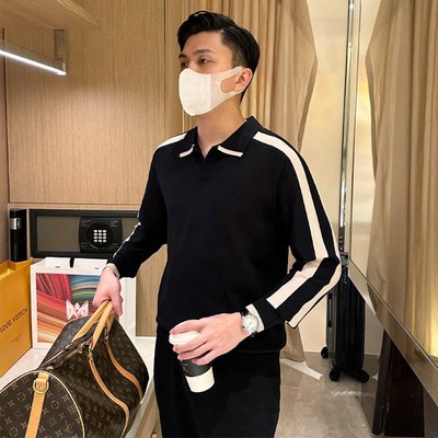 秋冬新款条纹拼色长袖polo衫男时尚高级衣服修身翻领上衣针织衫男