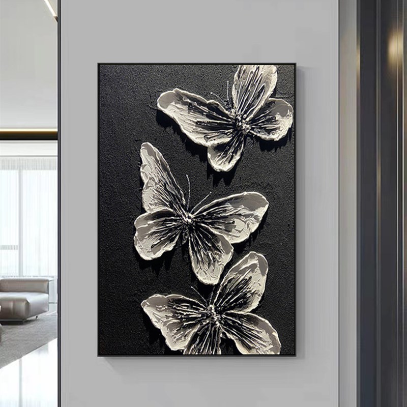 纯手绘抽象肌理蝴蝶大芬村油画玄关装饰画立体客厅背景墙黑白挂画图片