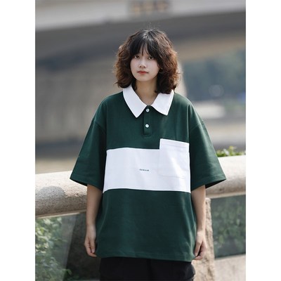 阿于呆日系口袋撞色拼接翻领POLO衫男夏季宽松学院美式短袖T恤女