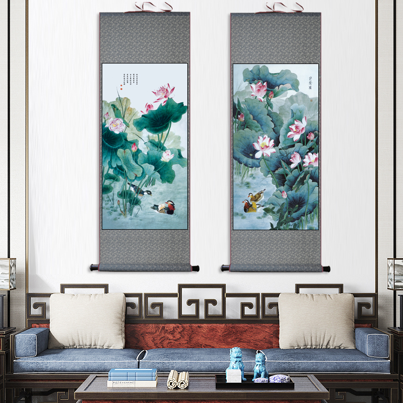 牡丹字画国画客厅过道玄关装饰鱼竹子精竖式挂画挂轴荷花梅花