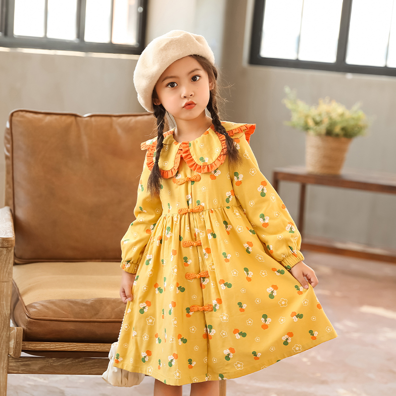 女童2022秋季新款长袖连衣裙公主裙中大童小众花瓣领纯棉连衣裙