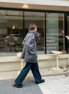 333sss~2024新款全手工羊毛灰色拼皮围巾双面尼大衣外套女小个子