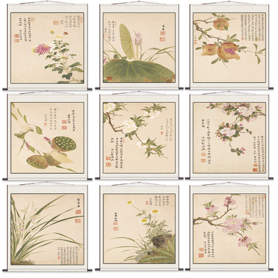 明项圣谟桃花斗方名家仿古字画酒店壁画仿古卷轴挂画花鸟卷轴画