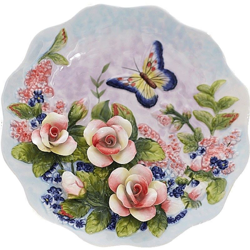 瓷器挂盘美式乡村装饰盘欧式盘子装饰坐盘陶瓷品支架子玫瑰蝴蝶,家居饰品,装饰坐盘/挂盘,淘宝优惠券,粉丝福利购,淘宝优惠卷