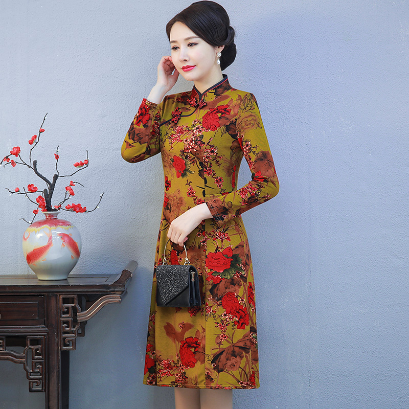 妈妈改良版旗袍复古气质中老年女装春秋季连衣裙立领斜襟长袖裙子