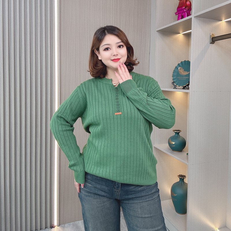 2024新款大码女装V领纽扣长袖针织衫胖mm宽松显瘦套头毛衣女外套