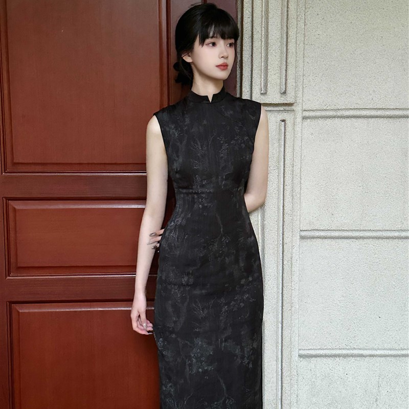 澜竹旗袍黑色复古新中式气质收腰连衣裙高级感提花无袖低开叉长裙