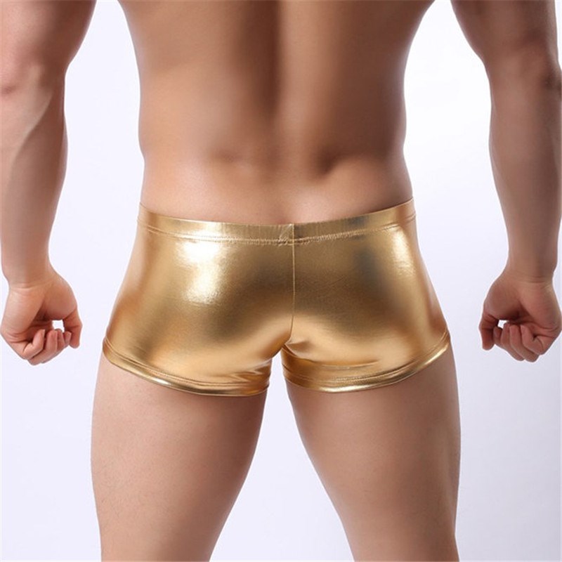 包邮男士平角裤漆皮仿皮内裤 紧身大平角塑身中腰U凸性感四角裤头