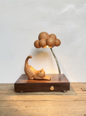 原木风木雕猫咪小众卧室床头民宿创意礼品装饰氛围木质摆件小夜灯