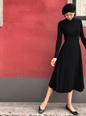 Chings法式复古套头羊毛修身a字裙半高领超长款大裙摆毛衣连衣裙