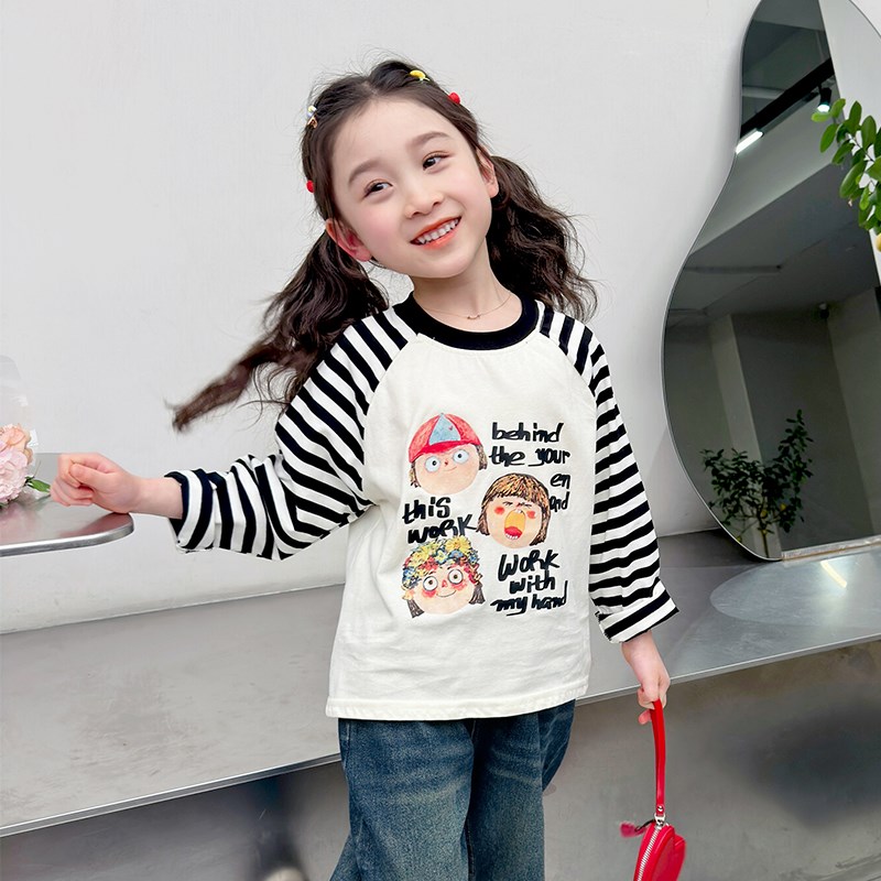 女童条纹T恤纯棉2024新款儿童休闲打底衫春秋女宝宝卡通上衣春装t