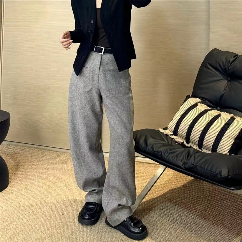 灰色高级感加厚毛呢休闲裤女2024年秋冬季新款高腰显瘦宽松阔腿裤,女装/女士精品,大码裤装,淘宝优惠券,粉丝福利购,淘宝优惠卷