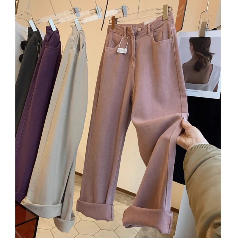 粉色直筒牛仔裤女春季新款胖妹妹mm梨形身材美式宽松显瘦阔腿裤子