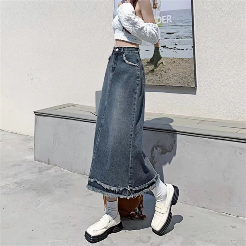 牛仔半身裙女2024年夏季新款复古高腰显瘦毛边设计a字中长款裙子