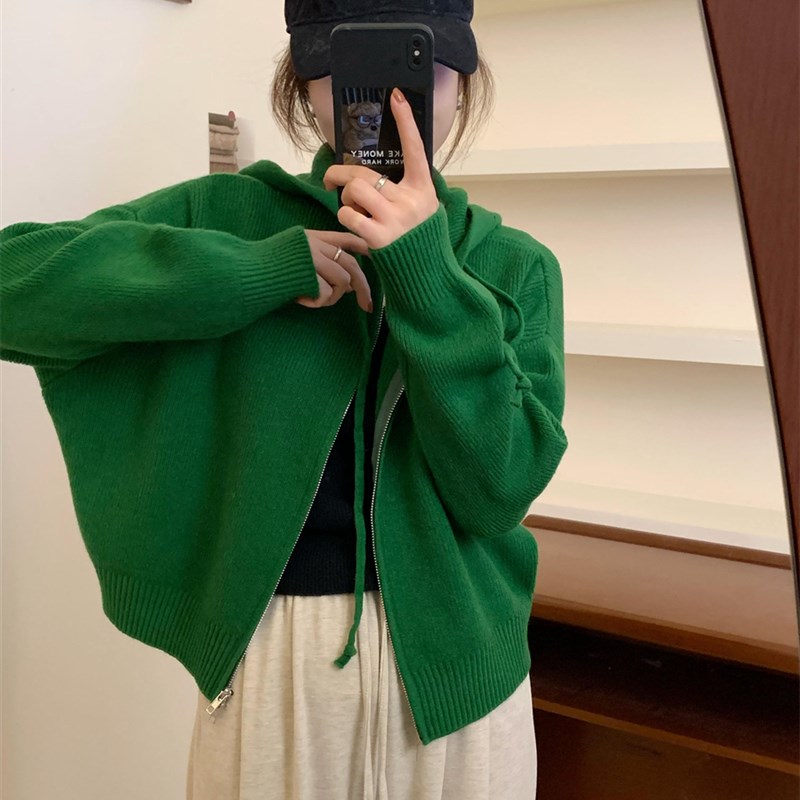 此外 细针织连帽双拉链短款小个子毛衣女秋季新款乳白色简约毛衣