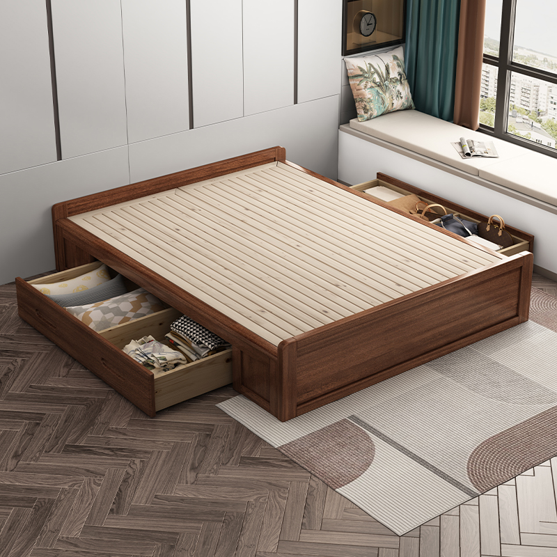 胡桃木储物床榻榻米实木床无床头落地床架小户型地台床侧开高箱床