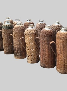 民俗老物件老式暖瓶水壶保温热水瓶壶绿色铁皮暖壶竹子老式压力