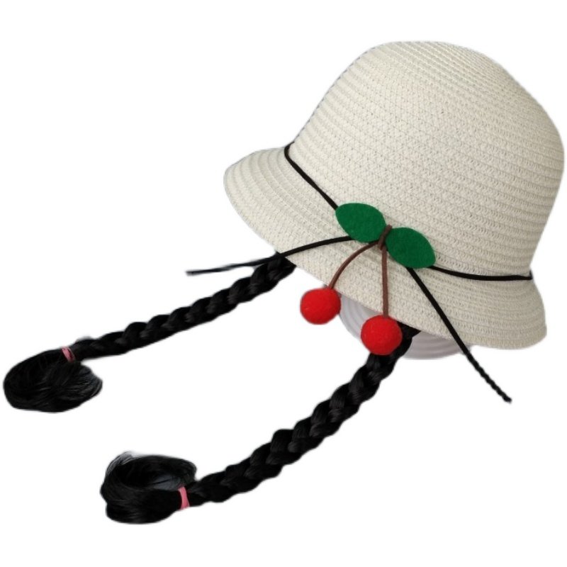 儿童遮阳帽子女童夏天草帽宝宝防晒沙滩帽太阳渔夫假发辫子凉帽