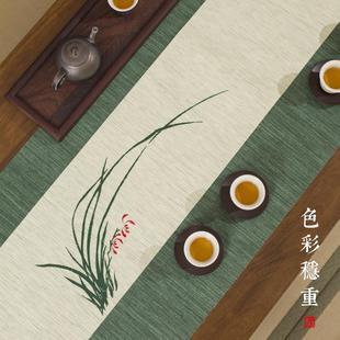 禅意桌旗垫子轻奢干泡兰荷花茶桌布草编小 茶布手绘防水茶席新中式