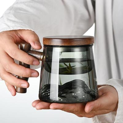 透黑玻璃侧木把泡茶喝水杯带盖茶水分离三件杯家用新款玻璃观山杯
