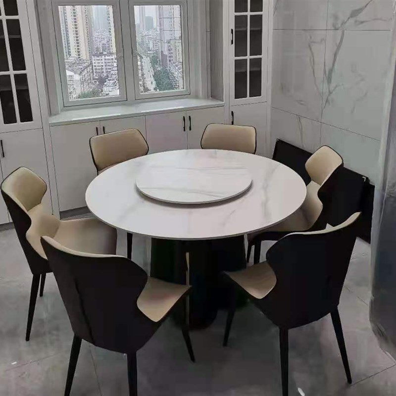 轻奢餐桌椅组合圆桌简约大理石 岩板家用餐厅饭W桌带转盘圆形