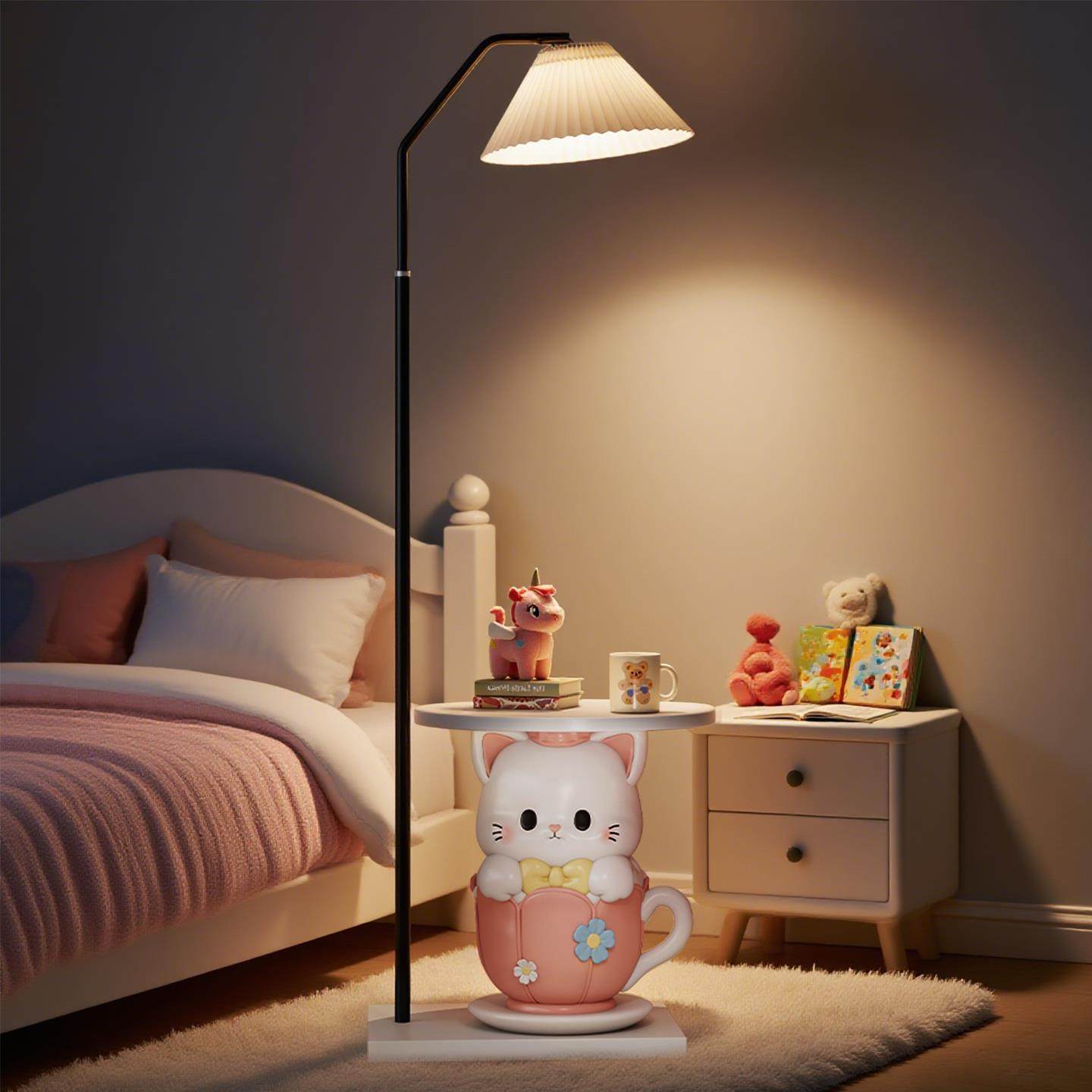 创意卡通可爱猫咪落地灯床头柜一体儿童房女孩卧室床头灯立式台灯,家装灯饰光源,装饰落地灯,淘宝优惠券,粉丝福利购,淘宝优惠卷