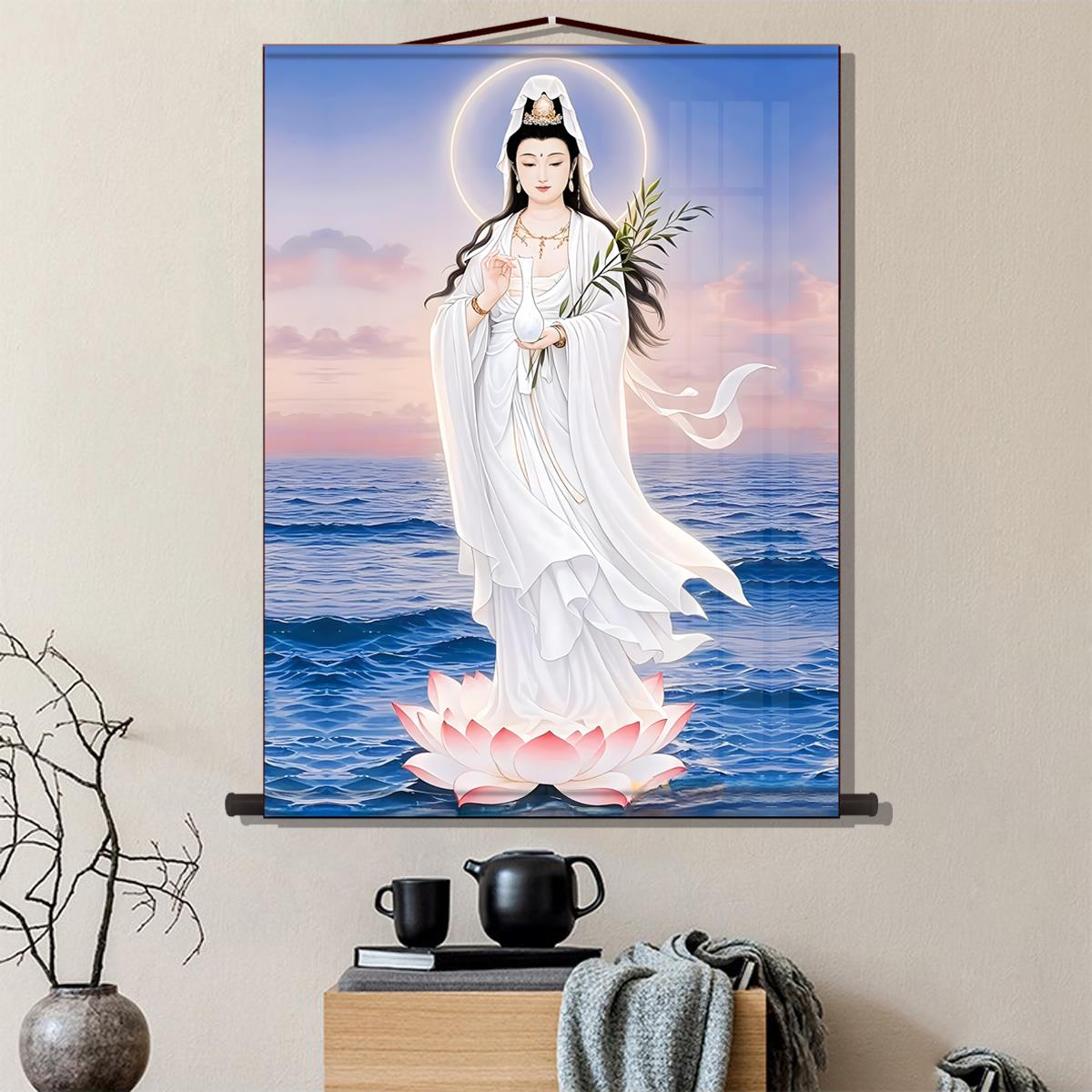 三尺三白衣观音画像挂画观世音菩萨佛像客厅佛堂装饰画丝绸卷轴画