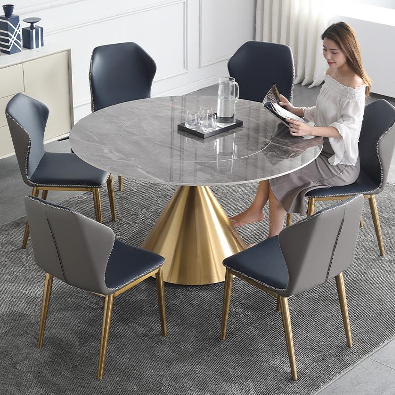 亮光岩板餐桌 小蛮腰钛合金设计师内嵌式转盘家用灰色岩板圆餐桌
