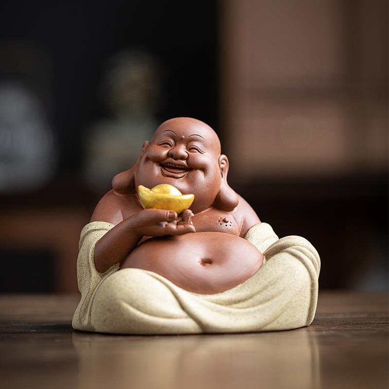 紫砂招财弥勒佛茶宠精品手工大肚佛茶玩茶道茶桌茶台禅意人物摆件