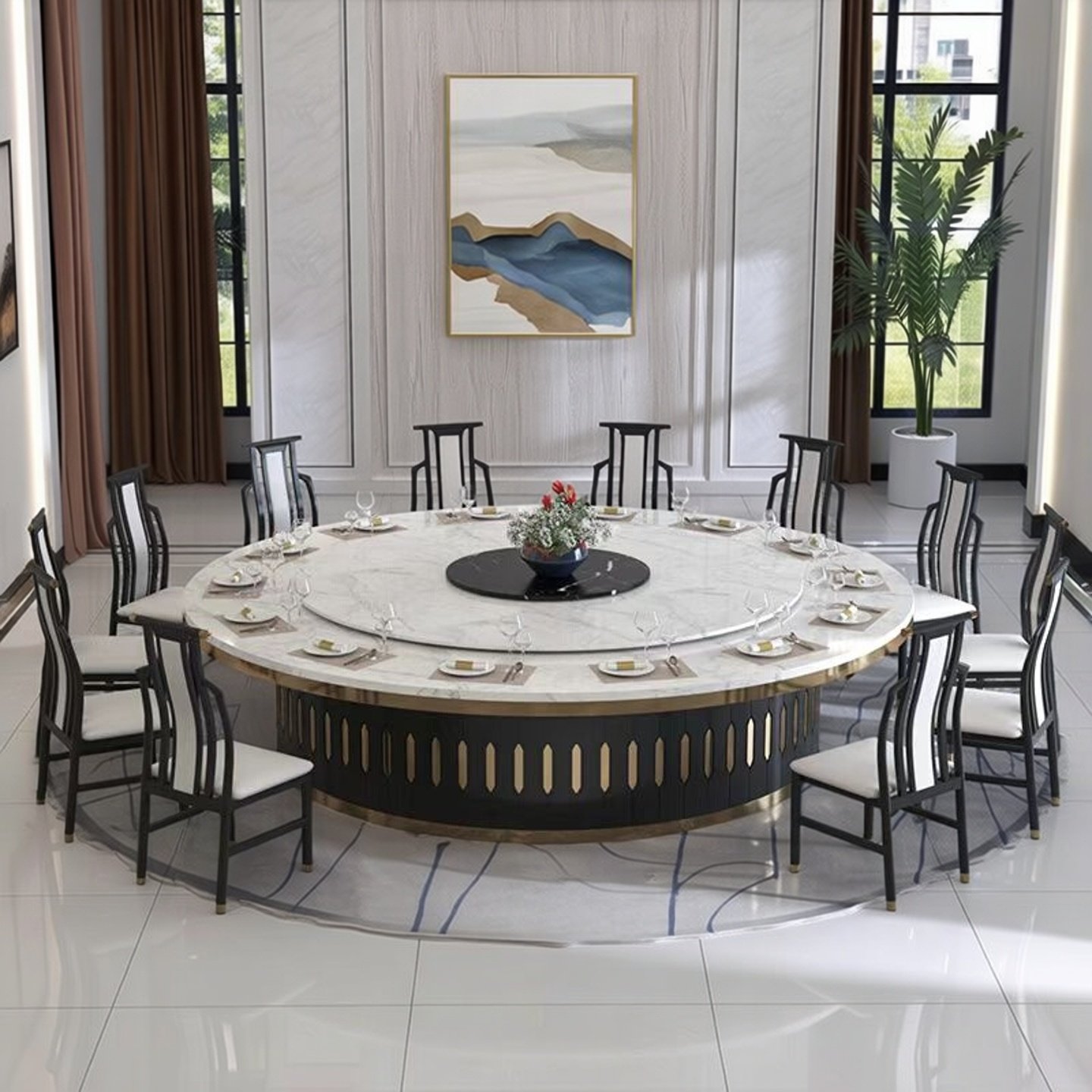 酒店电动餐桌转盘岩板大圆桌饭店包厢轻奢15人20人宴会桌火锅桌