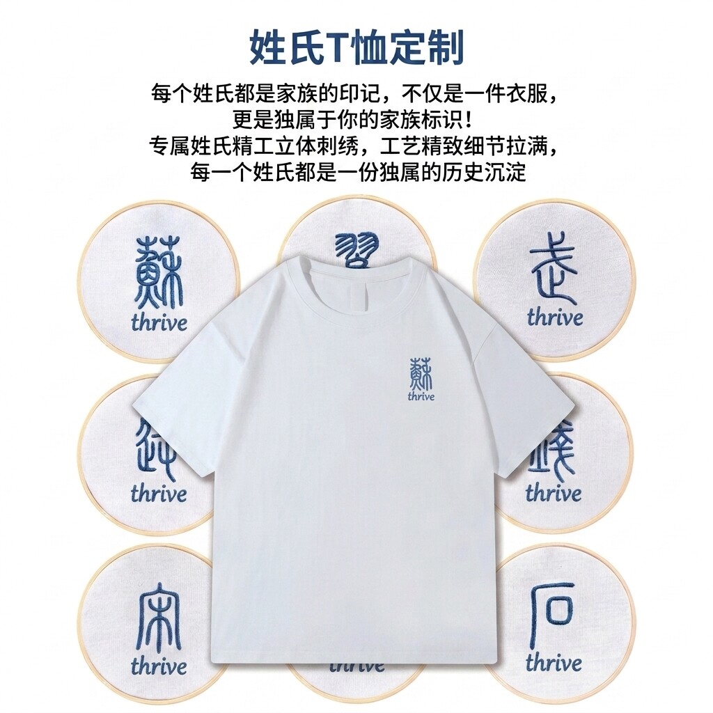 短袖T恤白色姓氏T恤纯棉刺绣篆书短袖男女同款宽松中国风圆领