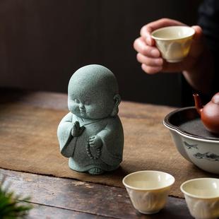 中式 国潮逗兽禅意家用办公桌面茶宠 青砂石单掌持珠装 饰摆件