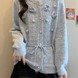 独特巨好看蓝色毛衣女秋冬季大码胖mm显瘦高级感收腰针织开衫上衣