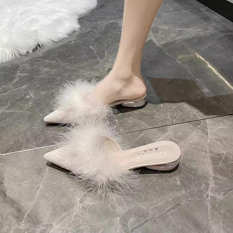 极速晨袍拖鞋女白色羽毛婚鞋新娘结婚不累脚秀禾伴娘鞋女款外穿毛