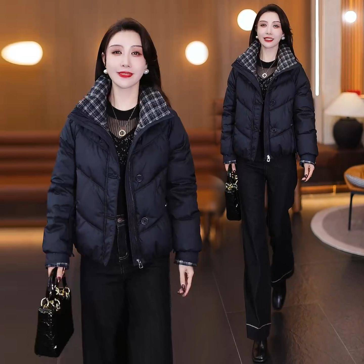 极速时尚洋气短款羽绒棉服女2026冬季新款格子领拼接加厚保暖棉袄
