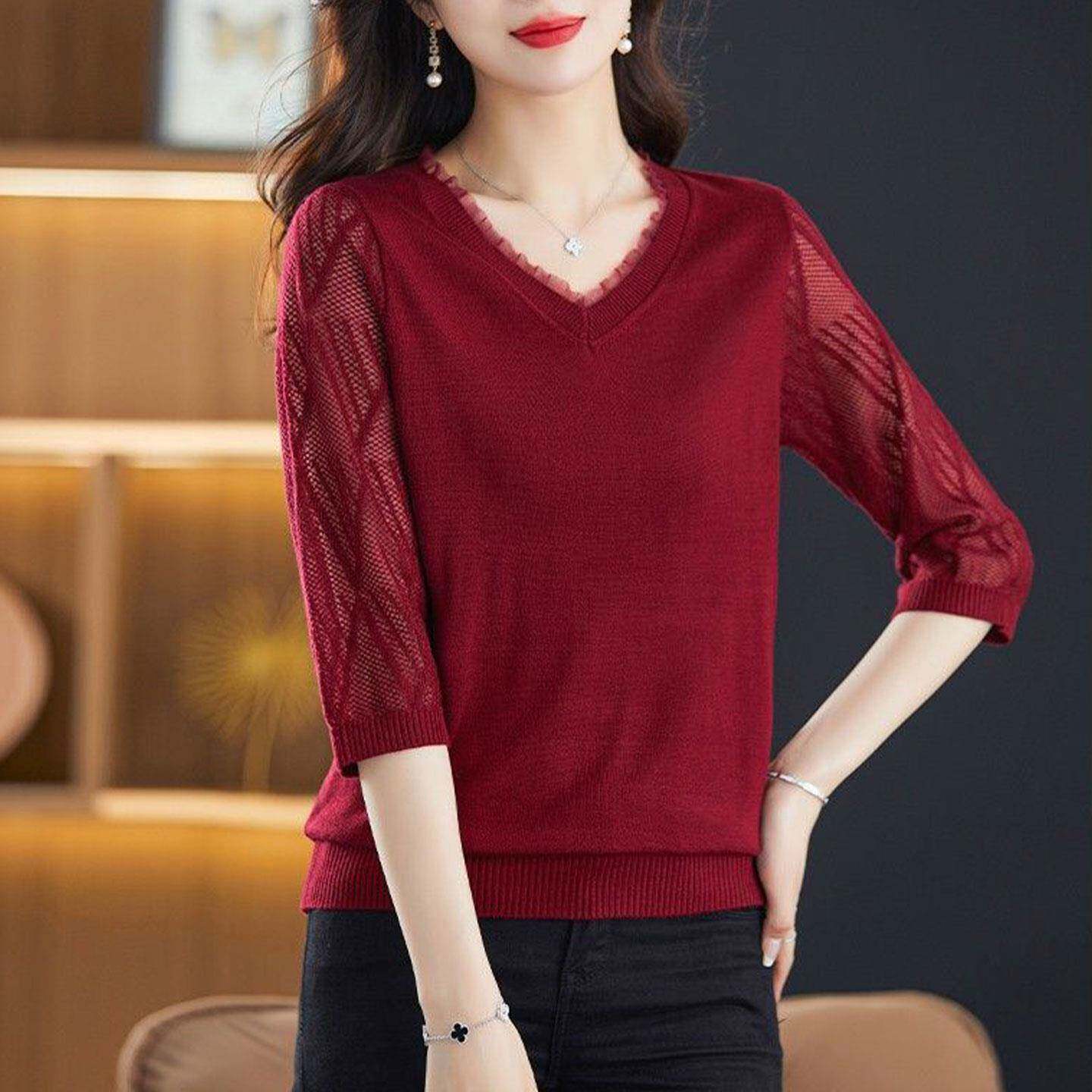 极速妈妈时尚七分袖网纱针织衫女秋季新款百搭宽松显瘦洋气V领上