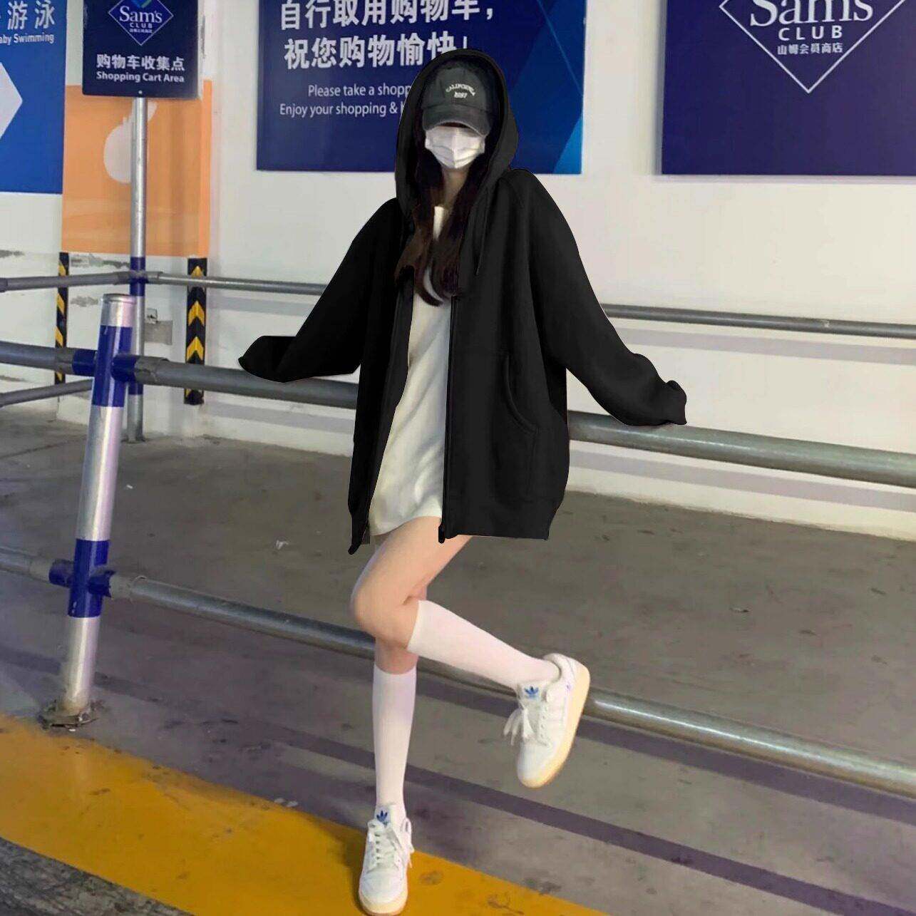 极速高个子黑色宽松长袖卫衣女2026春季新款休闲中长款连帽外套