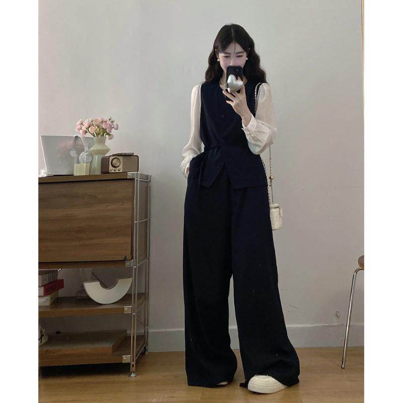 推荐大码女装秋超火搭配一整套高级感藏蓝色收腰衬衫西装阔腿裤两