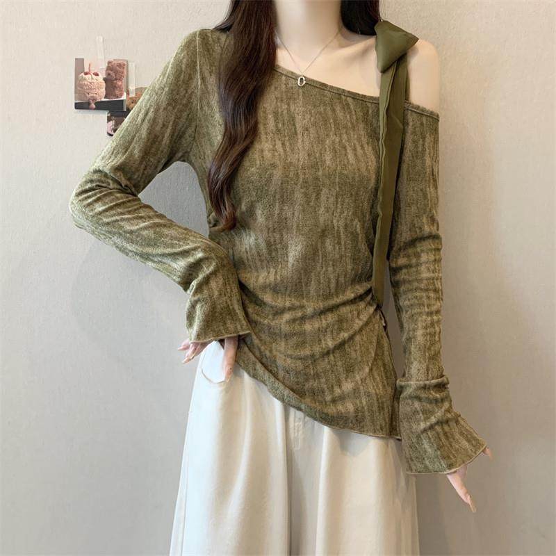 推荐大码-2025秋季绑带不规则晕染设计斜肩小衫遮肉显瘦长袖上衣