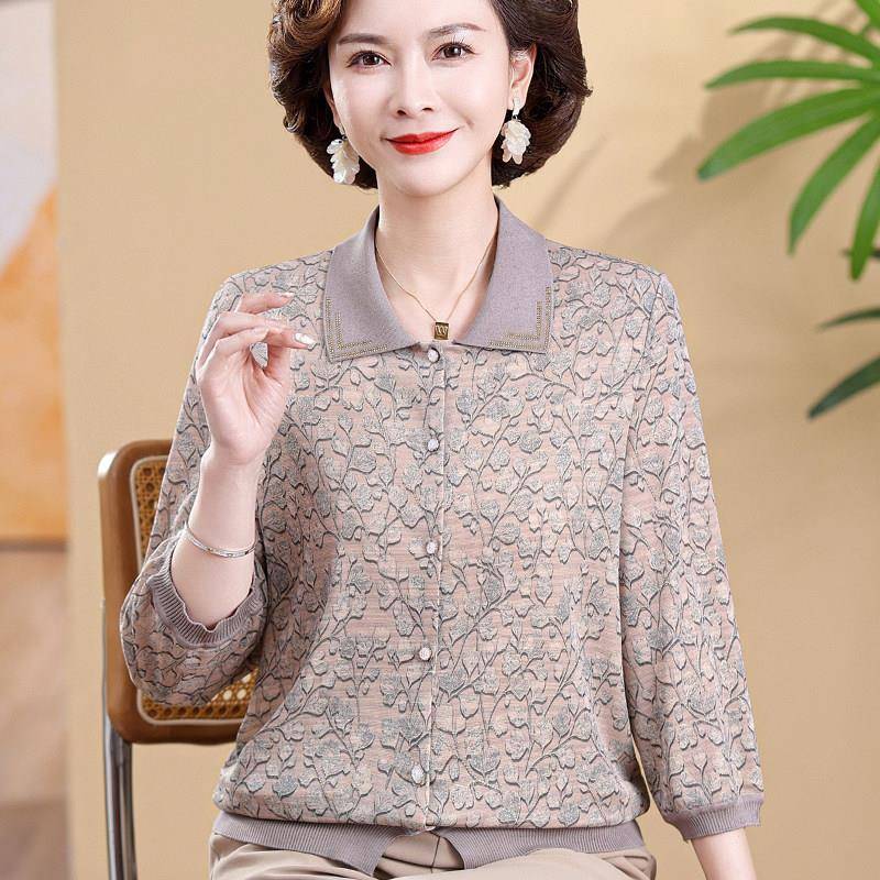 极速2026新款妈妈春装七分袖开衫翻领冰丝印花薄外套中老年女小衫