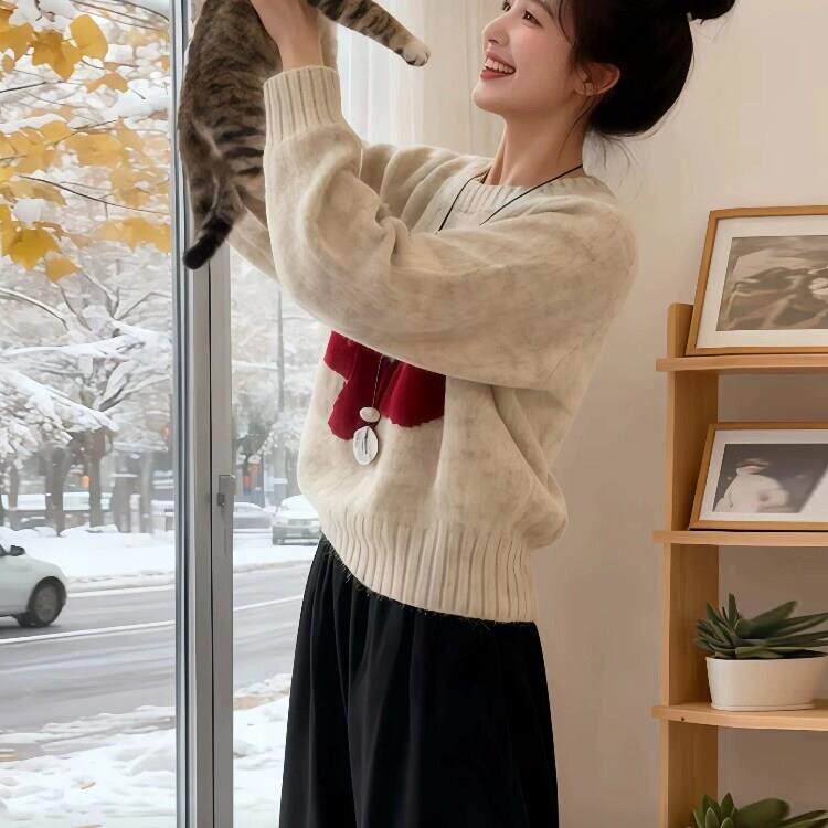 极速温柔慵懒风花朵撞色圆领套头毛衣女秋冬加厚宽松韩版设计感针