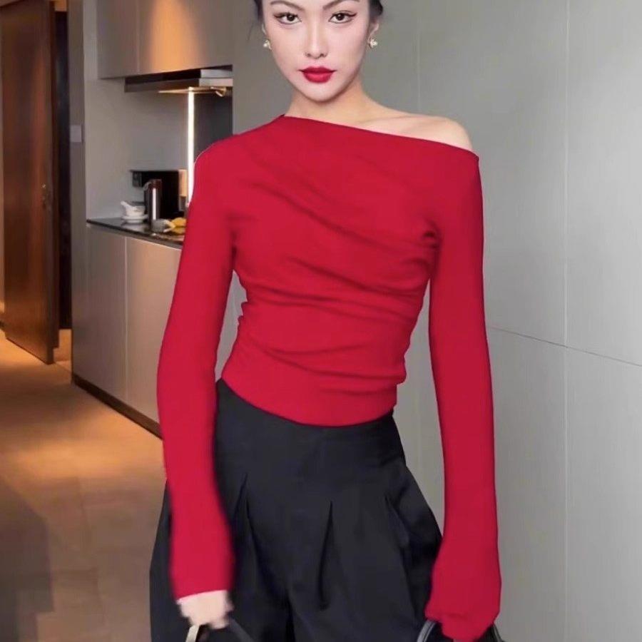 极速设计感一字肩红色长袖T恤女2026春秋季新款修身露肩洋气百搭
