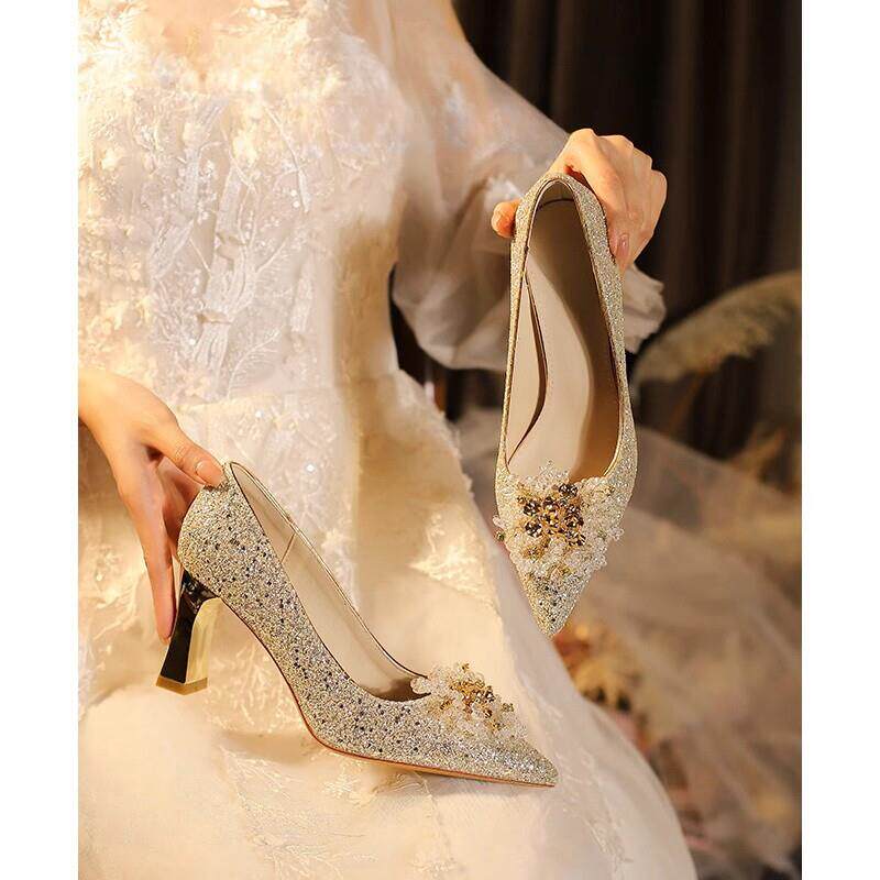 推荐法式粗跟婚鞋新娘鞋女水晶鞋爆闪高跟鞋配礼服不累脚单鞋日常