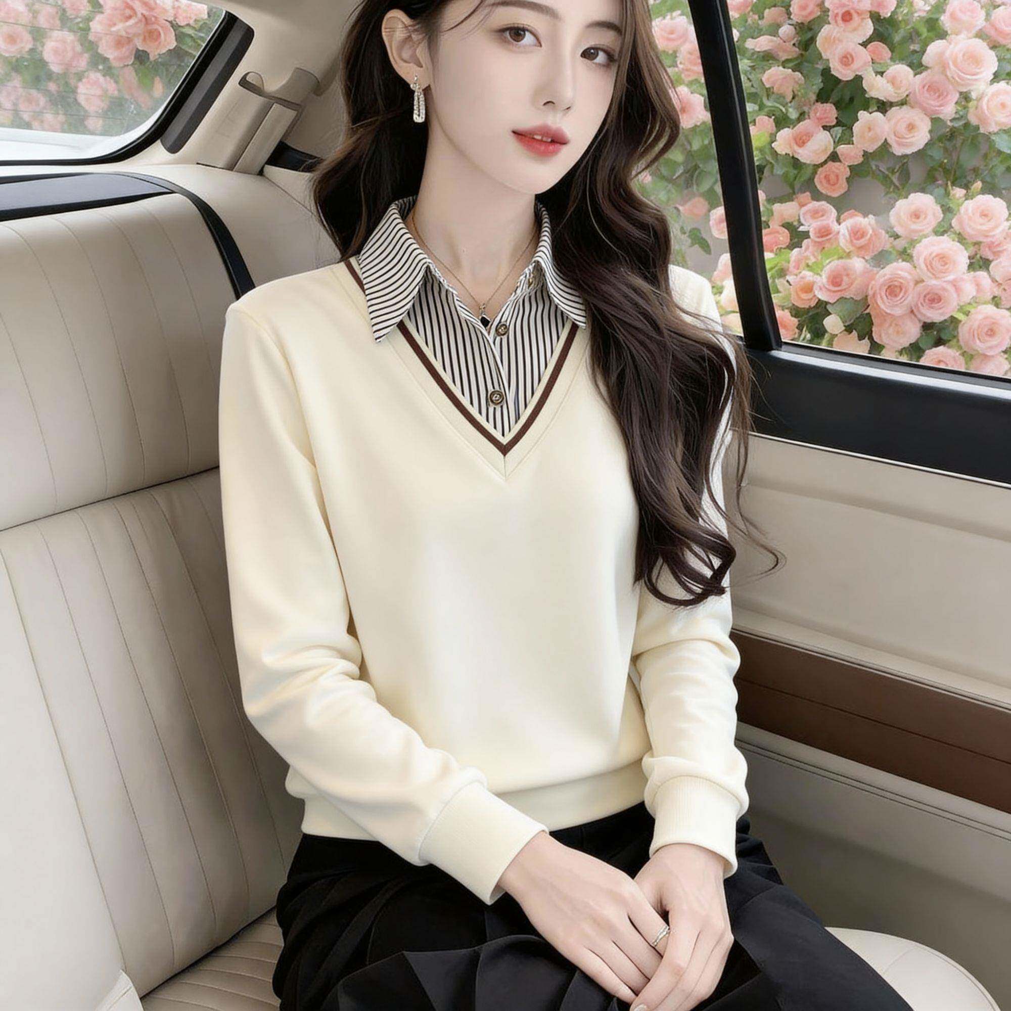 极速高级假两件拼接长袖T恤女士2026秋季爆款百搭薄款秋衣POLO领