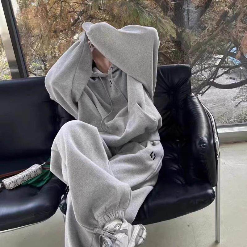 极速特大码300斤胖MM秋冬新款慵懒风运动服套装连帽卫衣宽松两件