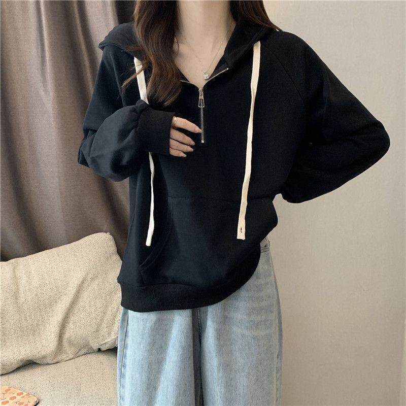 推荐春秋装2025新款半拉链连帽卫衣女薄款韩版宽松休闲外套插肩袖